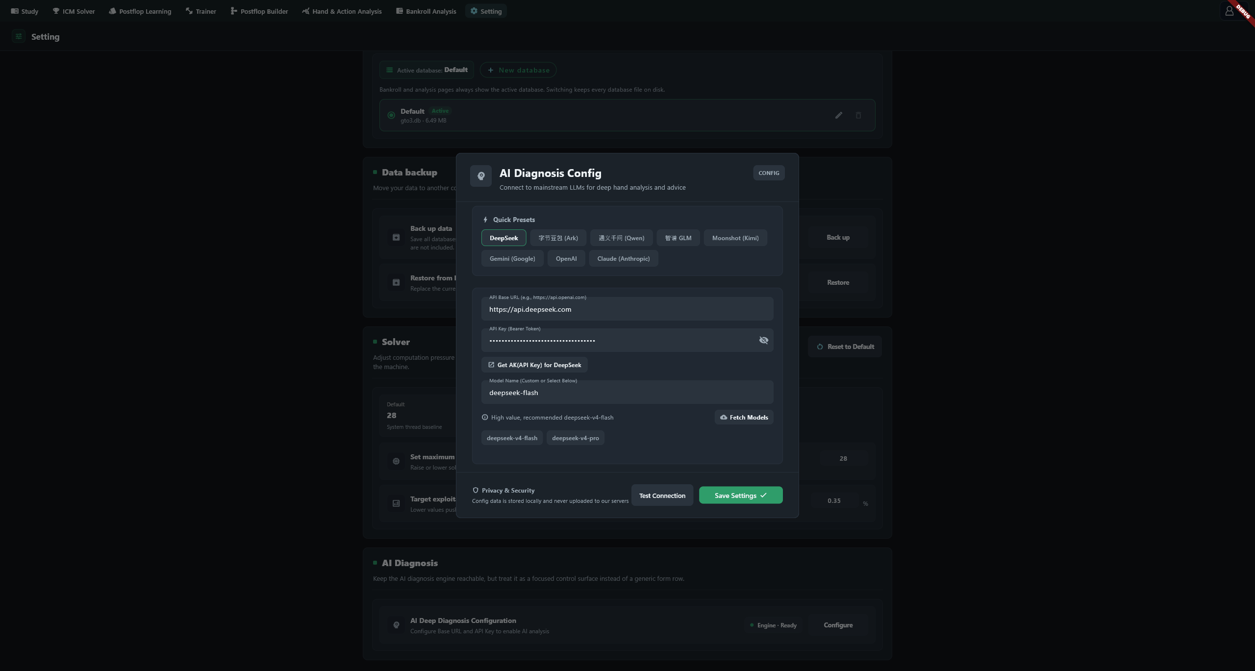 AI provider URL, key, model and Save Settings